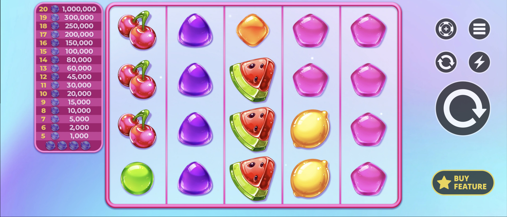 20 Sweet Candies & Fruits slot game preview showing colorful candy and fruit symbols on 5x4 reels